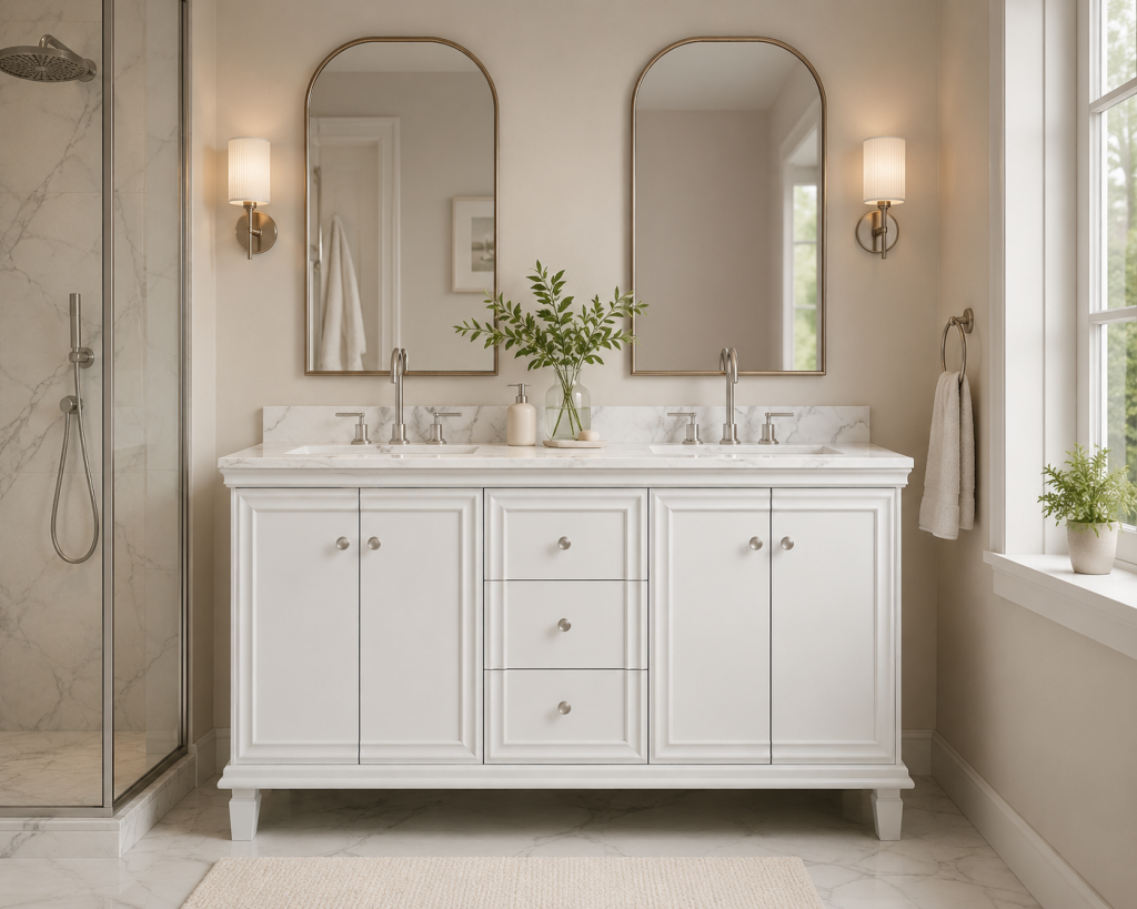 Elevate your commercial projects with the James 60 Solid Wood Bathroom Vanity by SMARTWOOD. This 60-inch solid wood bathroom vanity features CARB P2 and TSCA compliant construction and an authentic Carrara marble top. Designed for luxury bath remodeling, this unit is versatile enough to be configured as a 60-inch double sink vanity or a single unit, offering durability and style for high-end residential and hospitality projects.