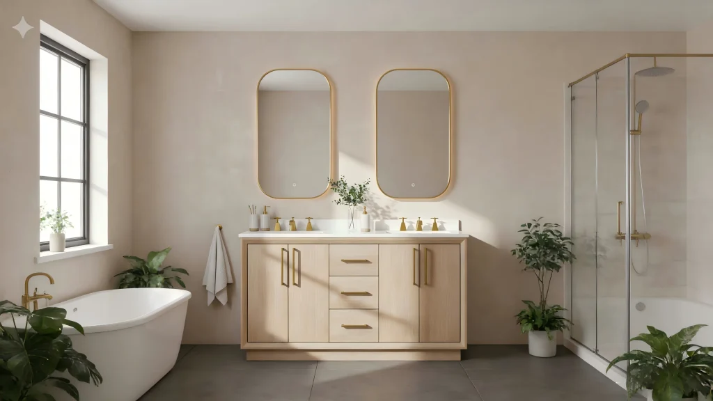 Product Overview
Experience the perfect blend of organic warmth and modern elegance with our Manchester 60-inch Double Sink Bathroom Vanity. Designed specifically for spacious master suites, this freestanding bathroom vanity serves as a stunning centerpiece that elevates any interior decor from mid-century modern to contemporary minimalist.

Key Features
Sophisticated Natural Wood Finish: Crafted with high-quality materials, the natural wood texture brings a sense of calm and nature into your home, complemented by a seamless aesthetic.

Spacious Double Sink Configuration: The 60-inch wide layout provides ample room for two, making morning routines effortless and organized.

Luxury Gold Accents: The cabinet is adorned with premium gold-finished hardware and handles, adding a touch of understated luxury to the warm wood tones.

Maximum Storage Capacity: Stay clutter-free with two large cabinets and three functional center drawers, perfect for storing towels, toiletries, and bathroom essentials.

Durable & Functional: Engineered for high-moisture environments, ensuring your Manchester vanity remains beautiful and sturdy for years to come.

Why Choose the Manchester 60" Vanity?
Whether you are remodeling your master bath or building a new home, the Manchester 60-inch vanity offers the ideal balance of style and utility. Its light wood finish pairs perfectly with white marble or quartz countertops, while the large mirrors (sold separately) reflect light to make your bathroom feel airy and bright.