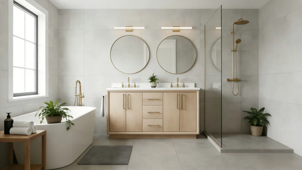 Product Overview
Experience the perfect blend of organic warmth and modern elegance with our Manchester 60-inch Double Sink Bathroom Vanity. Designed specifically for spacious master suites, this freestanding bathroom vanity serves as a stunning centerpiece that elevates any interior decor from mid-century modern to contemporary minimalist.

Key Features
Sophisticated Natural Wood Finish: Crafted with high-quality materials, the natural wood texture brings a sense of calm and nature into your home, complemented by a seamless aesthetic.

Spacious Double Sink Configuration: The 60-inch wide layout provides ample room for two, making morning routines effortless and organized.

Luxury Gold Accents: The cabinet is adorned with premium gold-finished hardware and handles, adding a touch of understated luxury to the warm wood tones.

Maximum Storage Capacity: Stay clutter-free with two large cabinets and three functional center drawers, perfect for storing towels, toiletries, and bathroom essentials.

Durable & Functional: Engineered for high-moisture environments, ensuring your Manchester vanity remains beautiful and sturdy for years to come.

Why Choose the Manchester 60" Vanity?
Whether you are remodeling your master bath or building a new home, the Manchester 60-inch vanity offers the ideal balance of style and utility. Its light wood finish pairs perfectly with white marble or quartz countertops, while the large mirrors (sold separately) reflect light to make your bathroom feel airy and bright.