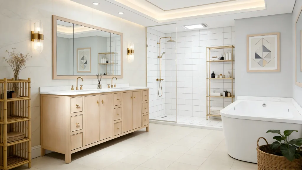 Willow 84 inch light oak double bathroom vanity with white marble top and gold hardware in a modern bathroom setting.