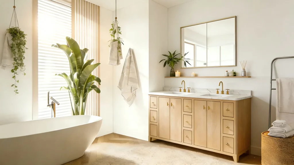 Willow 84 inch light oak double bathroom vanity with white marble top and gold hardware in a modern bathroom setting.