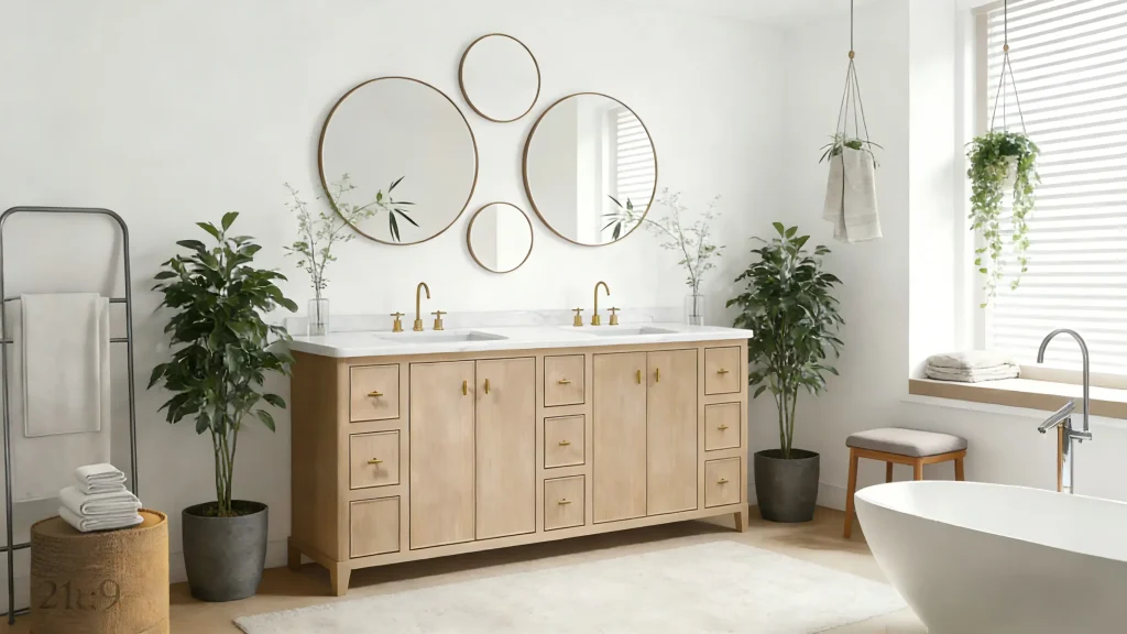Willow 84 inch light oak double bathroom vanity with white marble top and gold hardware in a modern bathroom setting.