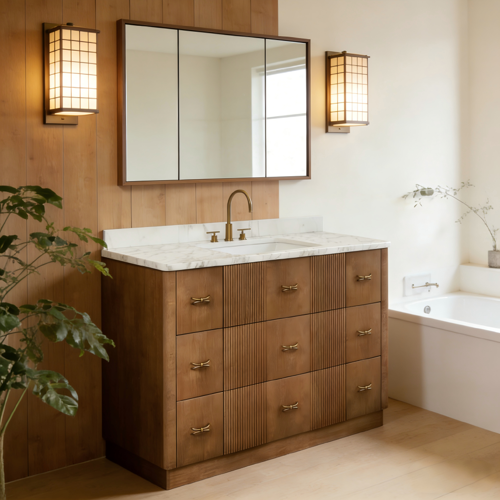 Upgrade your bathroom with the Chestnut 48-inch solid wood vanity from Smartwood Vietnam. Featuring a 12-stage cherry finish, white quartz top, and Carb P2 certified eco-friendly materials. Factory-direct wholesale for global importers.