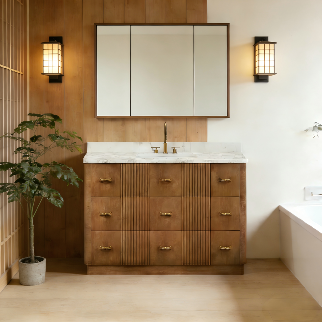Upgrade your bathroom with the Chestnut 48-inch solid wood vanity from Smartwood Vietnam. Featuring a 12-stage cherry finish, white quartz top, and Carb P2 certified eco-friendly materials. Factory-direct wholesale for global importers.