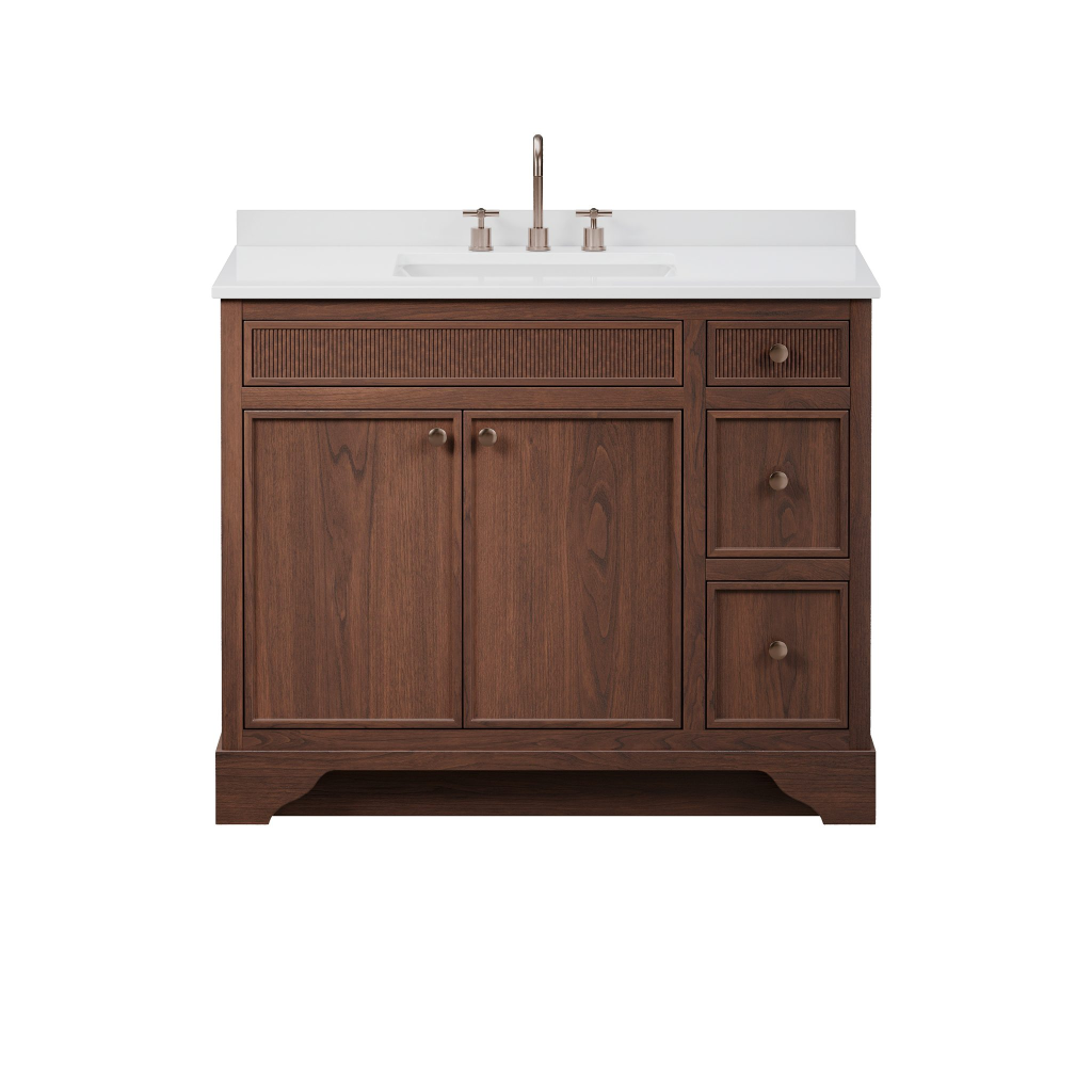 Wholesale the Adams 42 walnut wood bathroom vanity from SMARTWOOD Vietnam. Features Carb P2 certified solid wood, white quartz top, & soft-close drawers.
