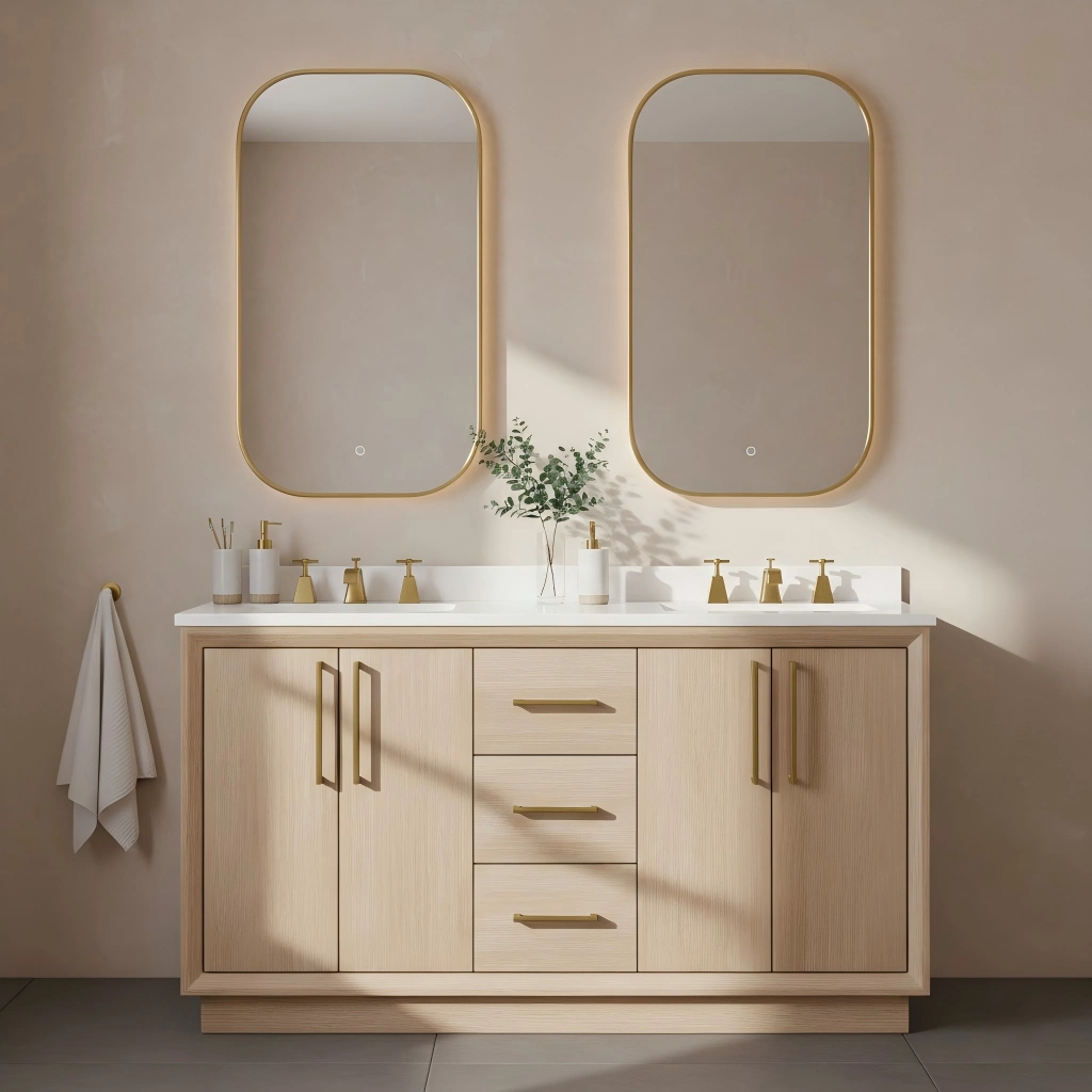 Manchester 60 inch natural wood double sink bathroom vanity with gold handles in a bright modern bathroom.