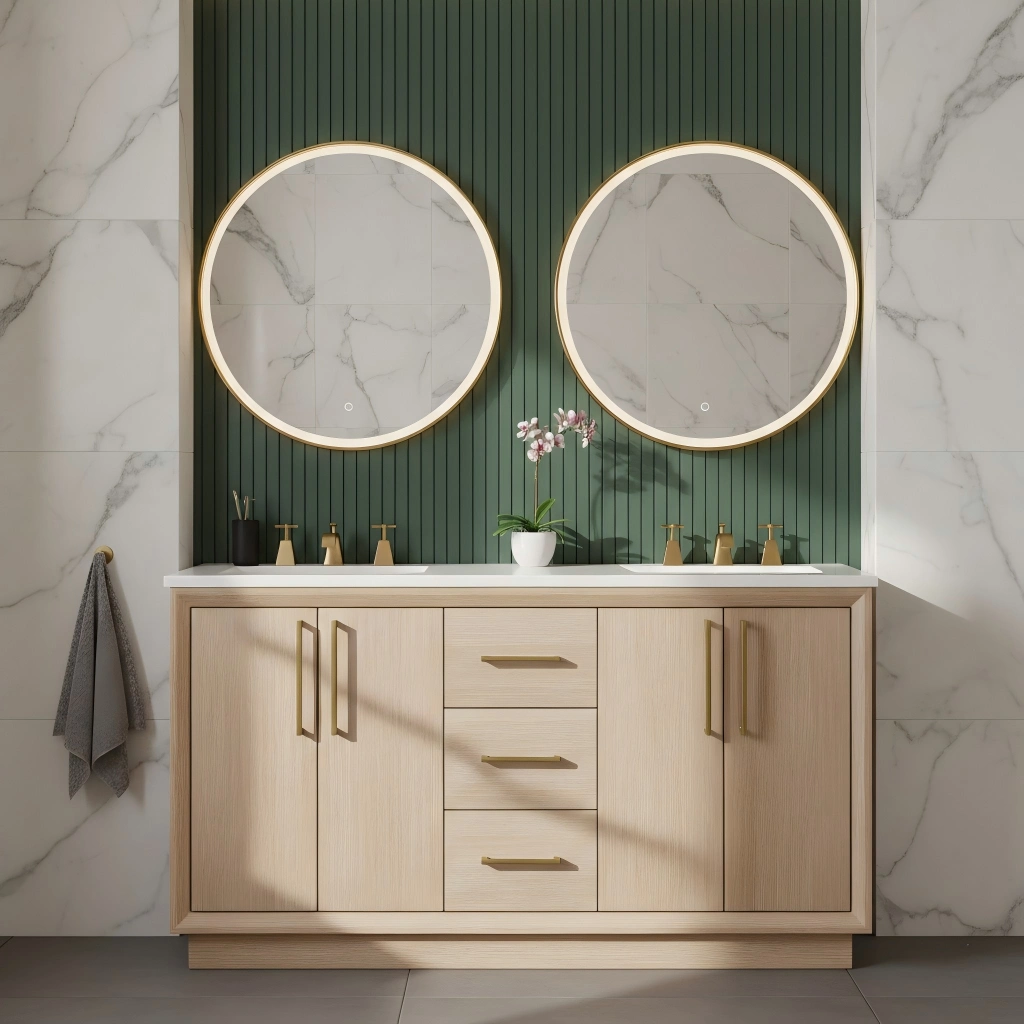 Manchester 60 inch natural wood double sink bathroom vanity with gold handles in a bright modern bathroom.