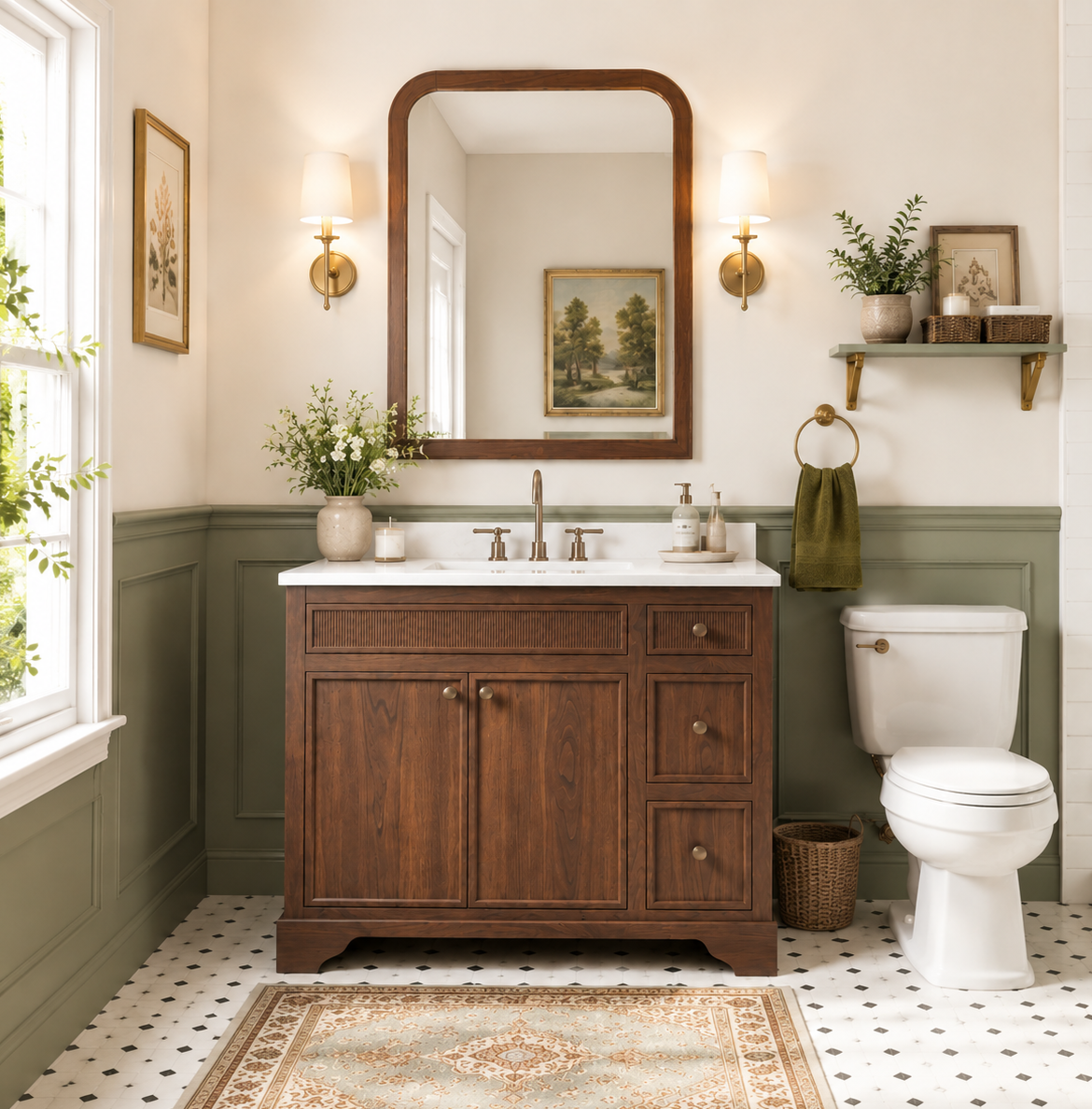 Wholesale the Adams 42 walnut wood bathroom vanity from SMARTWOOD Vietnam. Features Carb P2 certified solid wood, white quartz top, & soft-close drawers.