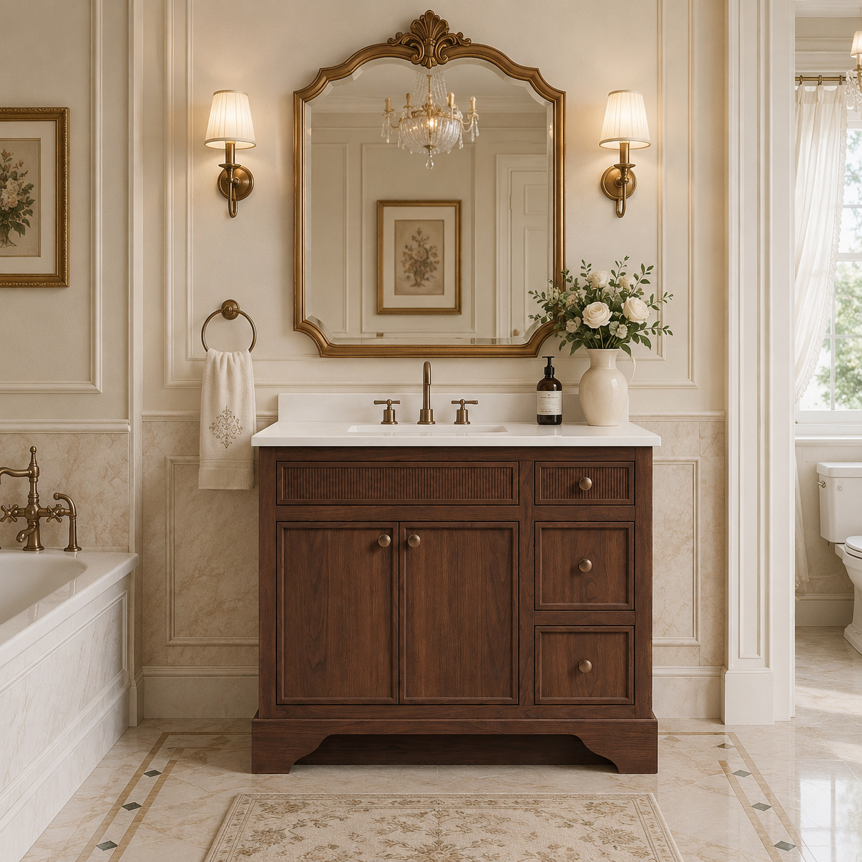 Wholesale the Adams 36 walnut wood bathroom vanity from SMARTWOOD Vietnam. Features Carb P2 certified solid wood, white quartz top, & soft-close drawers.