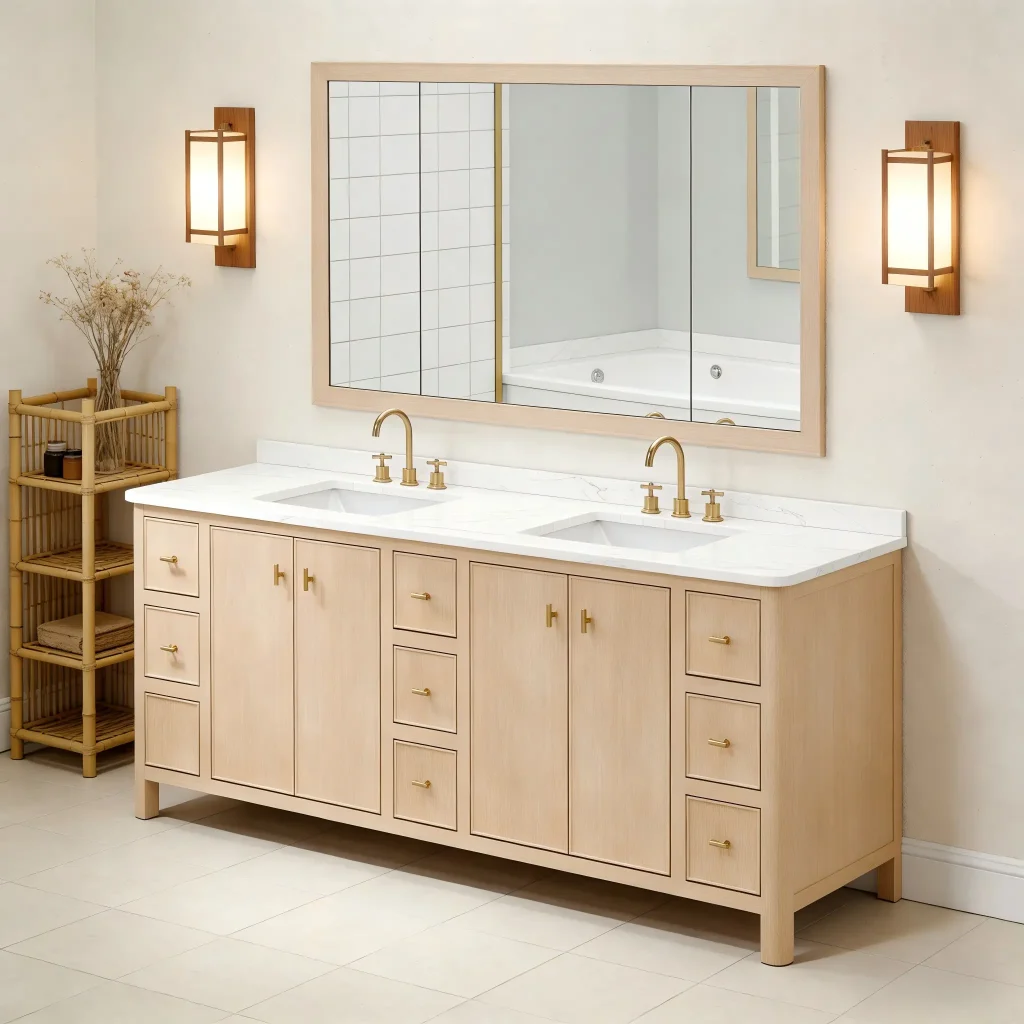 Willow 84 inch light oak double bathroom vanity with white marble top and gold hardware in a modern bathroom setting