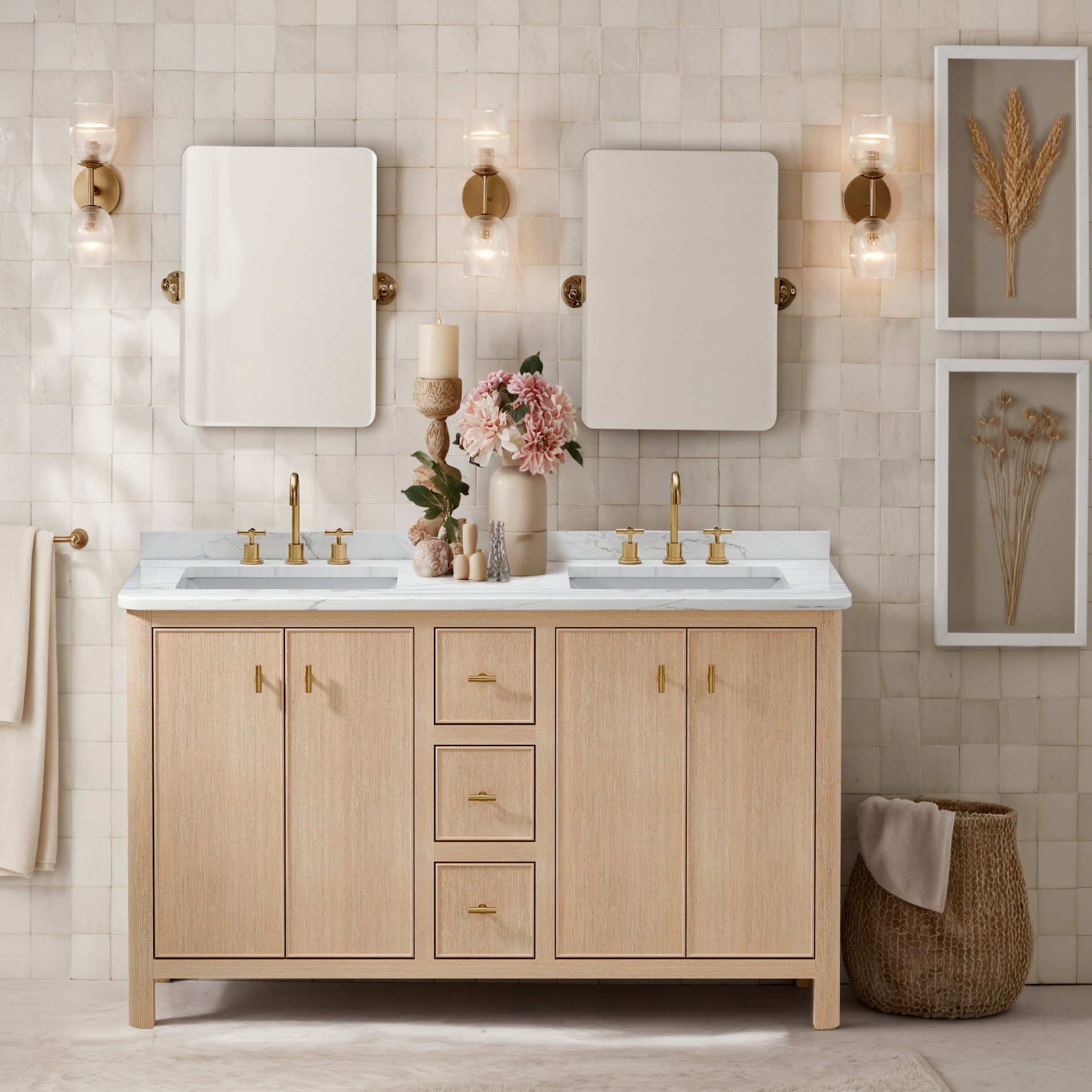 Discover the Willow 60 inch bathroom vanity by Smartwood. Crafted from CARB P2 solid wood & oak veneers with a premium white quartz top. Durable, stylish, and eco-friendly. Shop wholesale from Vietnam.