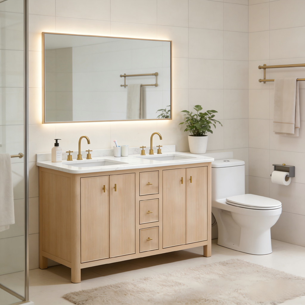 Discover the Willow 60 inch bathroom vanity by Smartwood. Crafted from CARB P2 solid wood & oak veneers with a premium white quartz top. Durable, stylish, and eco-friendly. Shop wholesale from Vietnam.