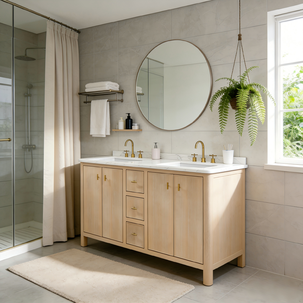 Discover the Willow 60 inch bathroom vanity by Smartwood. Crafted from CARB P2 solid wood & oak veneers with a premium white quartz top. Durable, stylish, and eco-friendly. Shop wholesale from Vietnam.