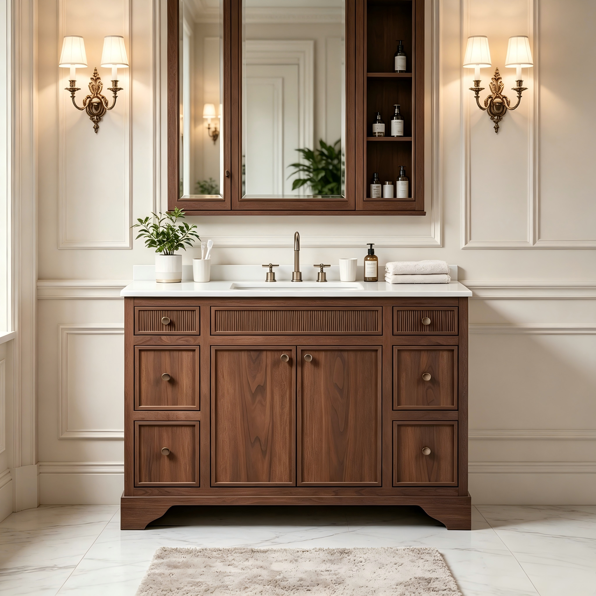 Shop Adams 48 inch walnut bathroom vanity with white quartz top, porcelain sink, soft-closing hardware, and CARB P2 certified wood construction.